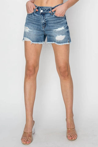 Risen - Stepped Waist Frayed Denim Shorts