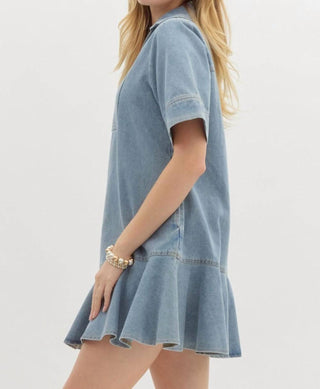 Entro - Denim V-neck Ruffled Mini Dress