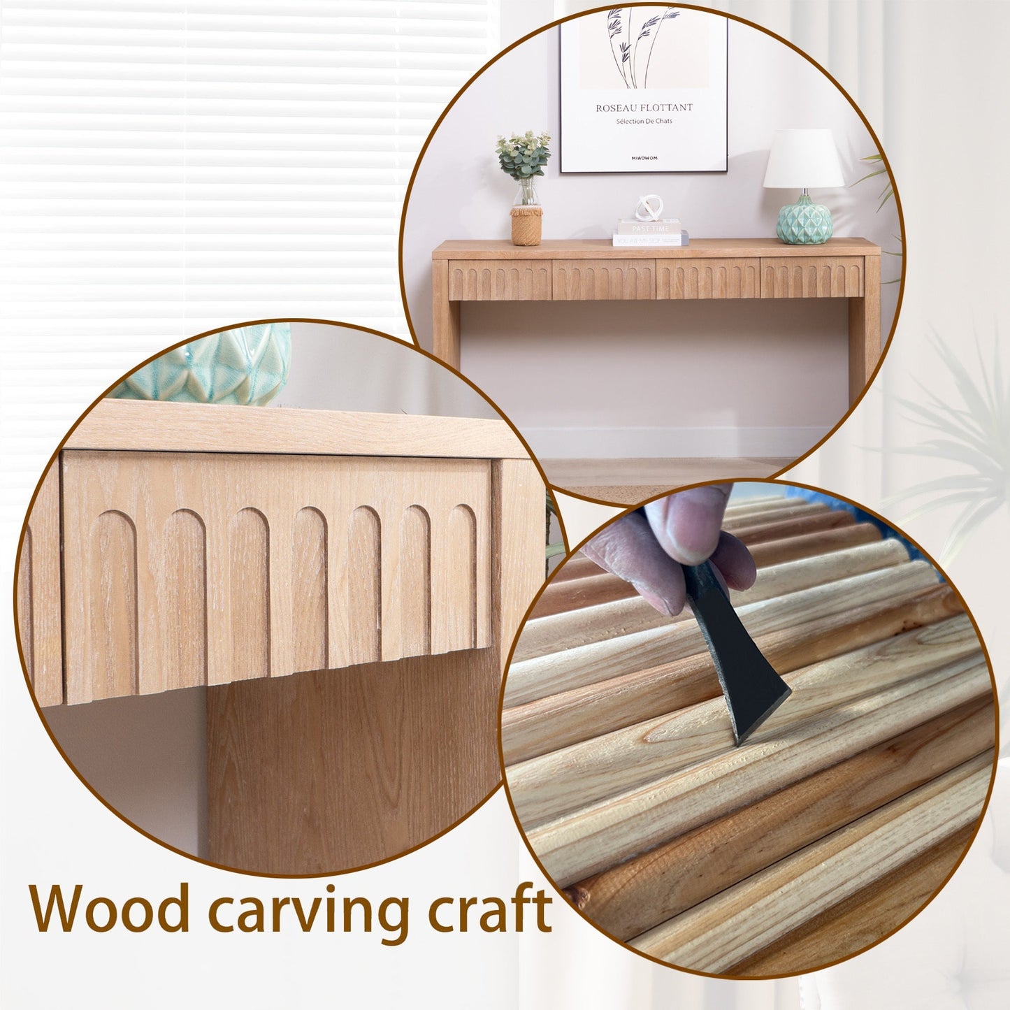 Modern Console Table with 4 Drawers – 59.2" Entryway Table in Natural Wood Finish