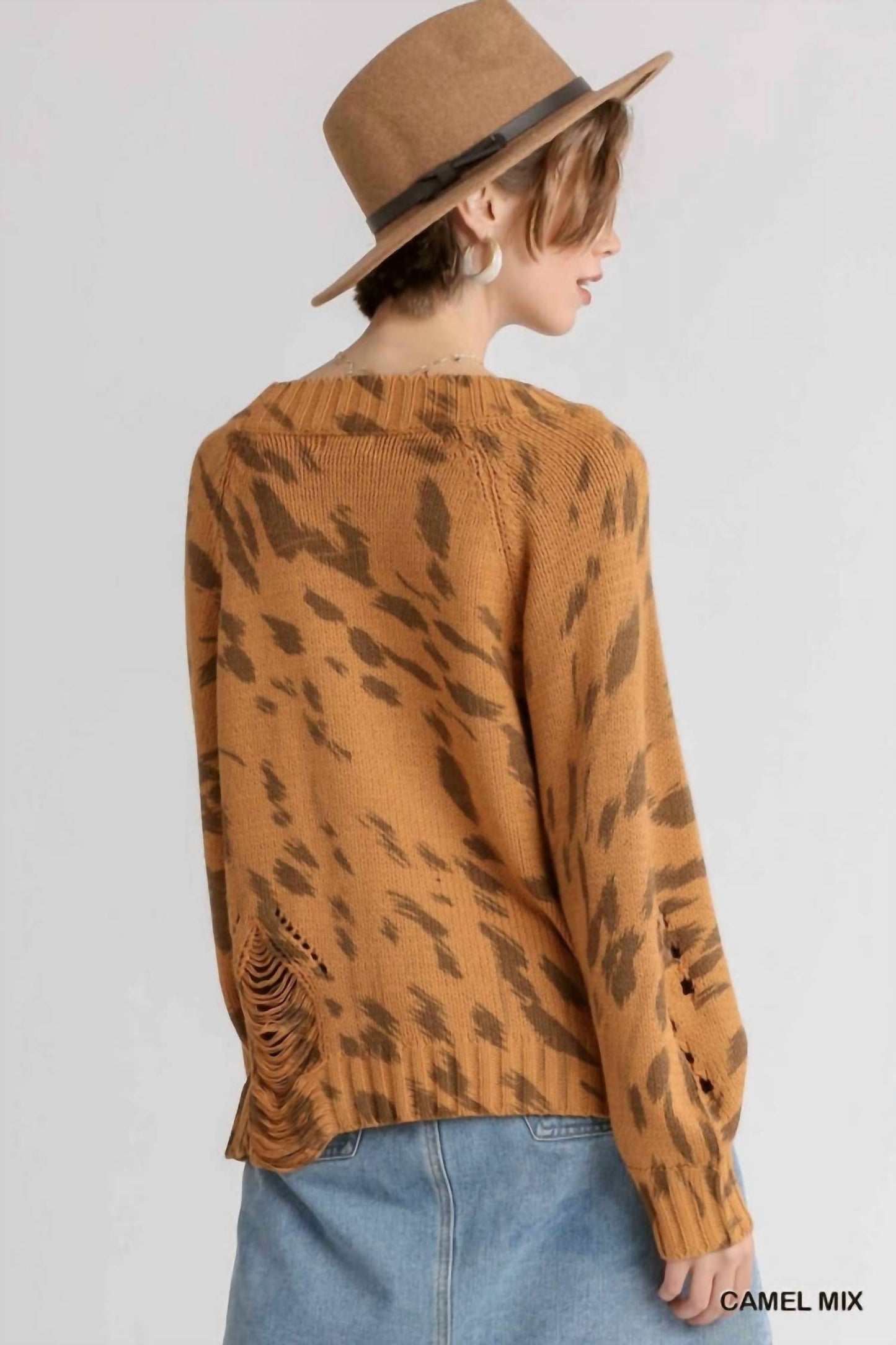 Umgee - Animal Print Round Neck Distressed Sweater