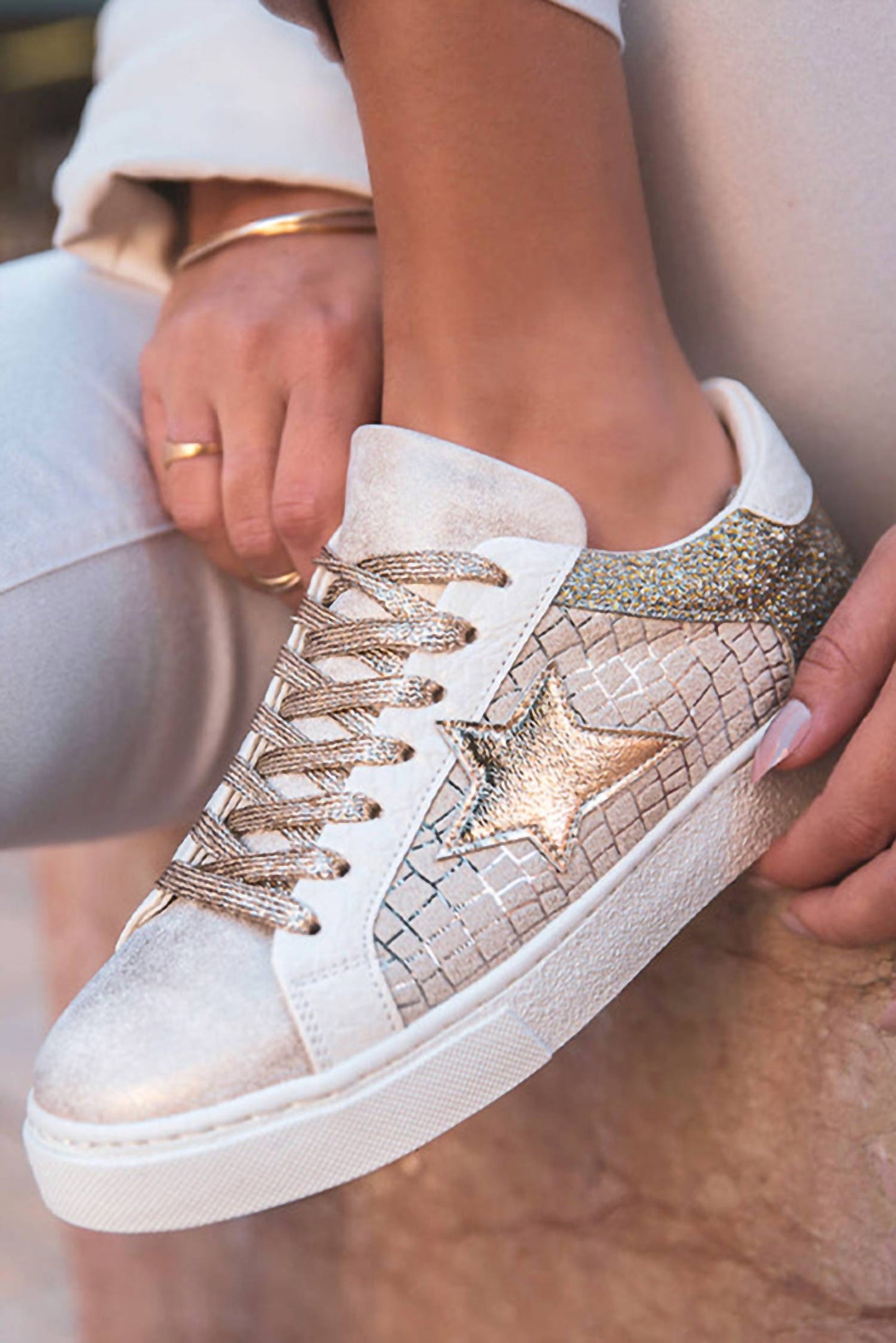 1 The Woman - Glitter Star Patchwork Leather Lace-up Sneakers