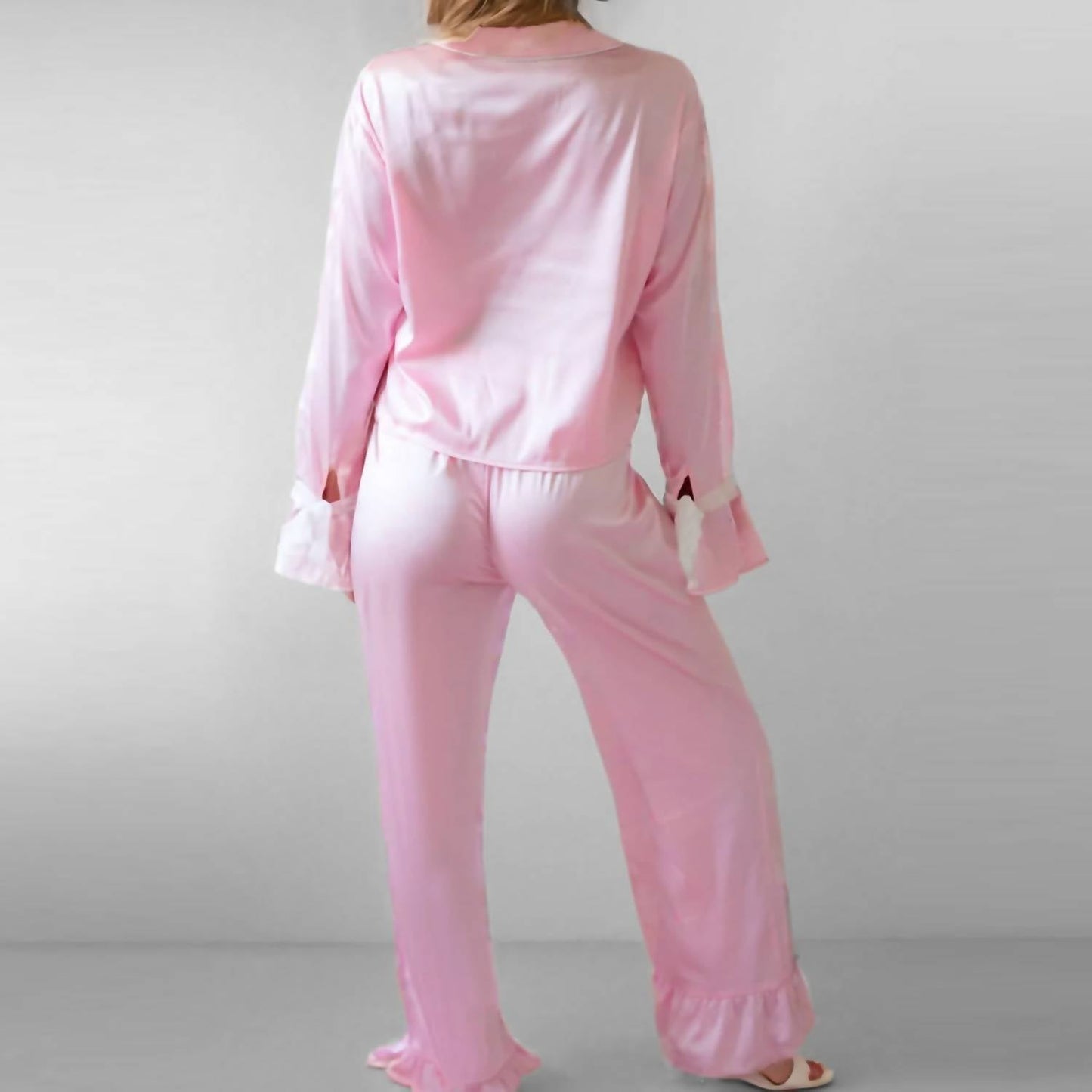 La Society - Satin Top With Bows & Ruffled Pants Lounge Set