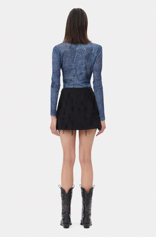 Ganni - Printed Mesh Long Sleeve Crew Neck Top