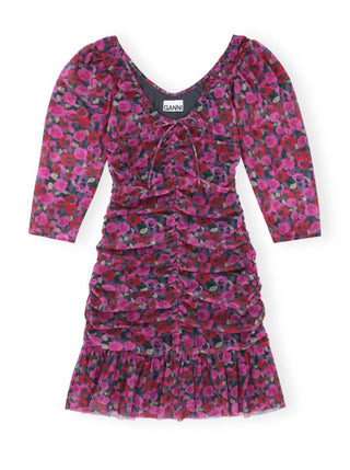 Ganni - Floral Mesh Flounce Ruched Mini Dress