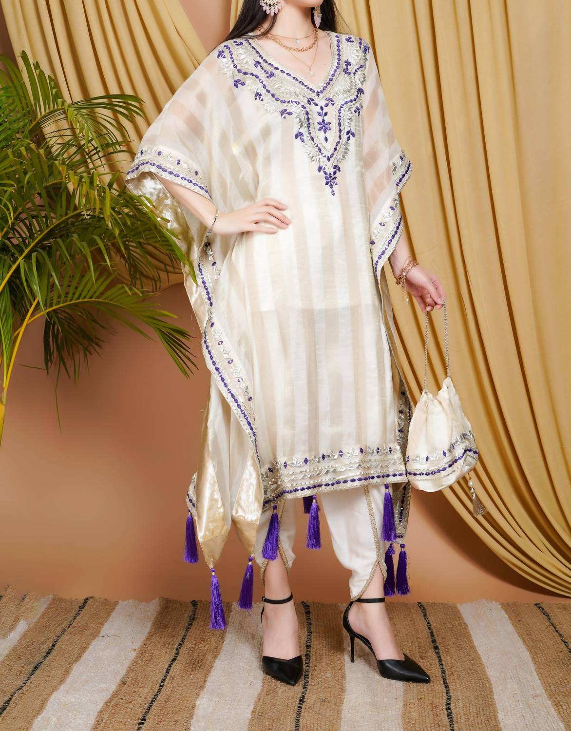 Zaalima Fashion - Striped Organza Kaftan Suit With Mirror Work And Tassel Accents