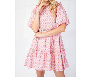 Bns - Printed Puff Sleeves Mini Ruffle Dress