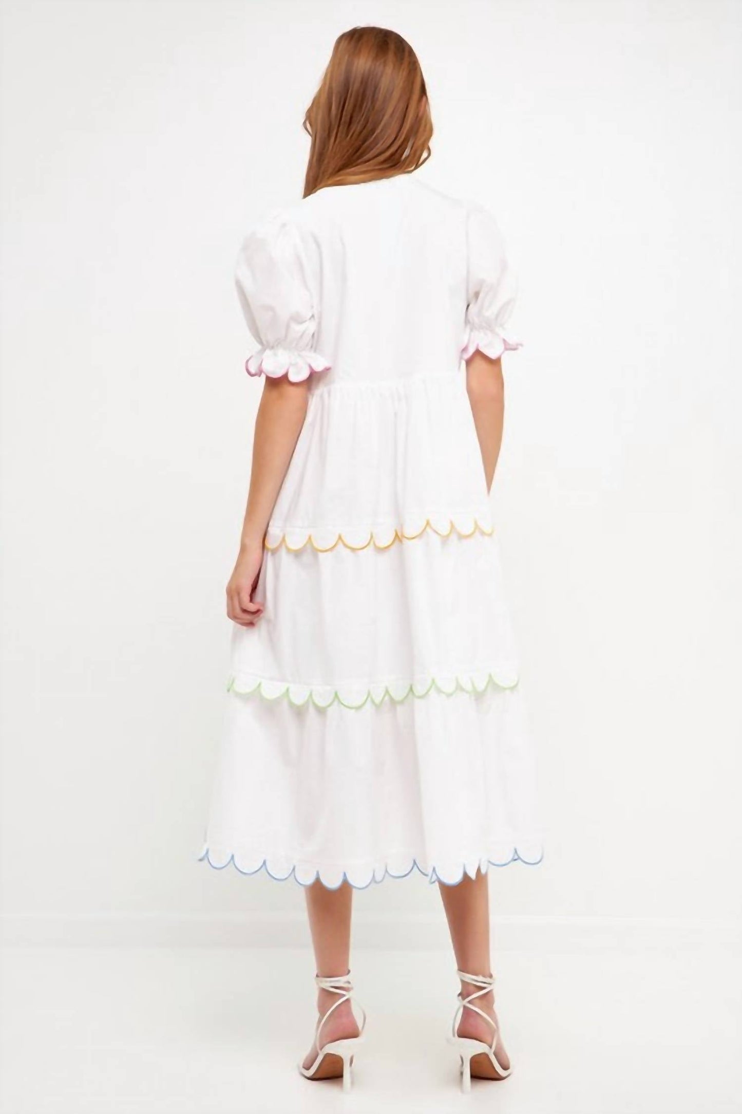 2.7 August Apparel - Scallop Edge Puffy Short Sleeve Midi Dress