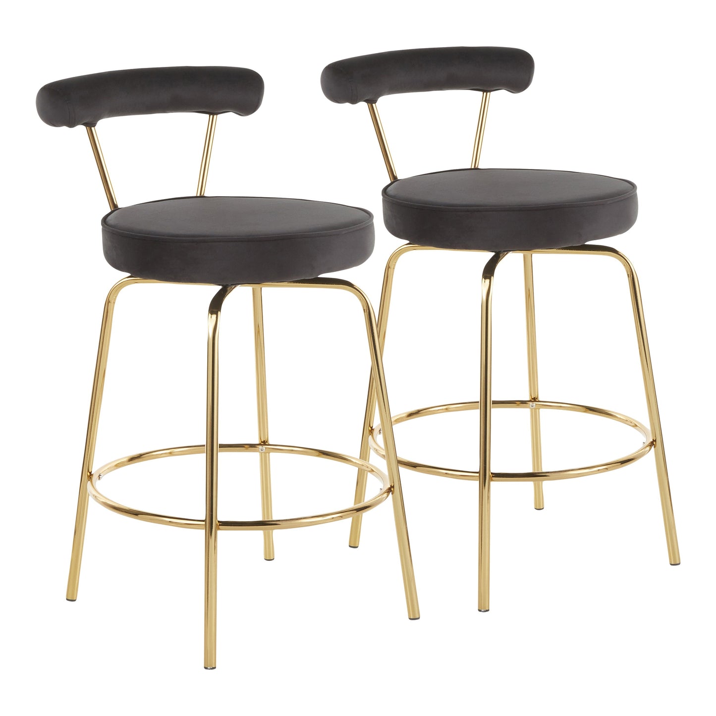 Rhonda Glam Counter Stool in Gold Metal and Black Velvet - Set of 2