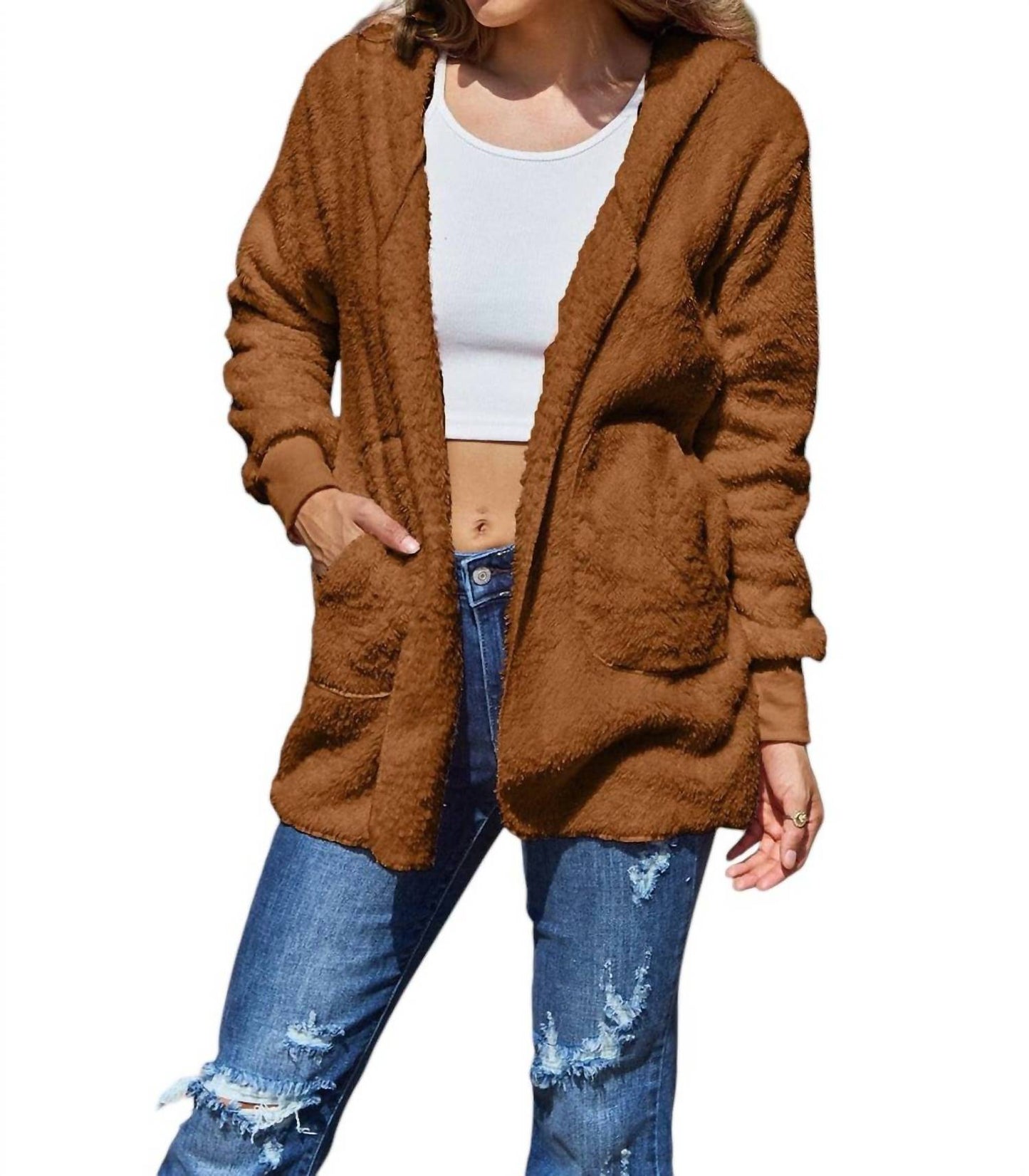 Double Take - Full Size Teddy Hooded Jacket with Pockets