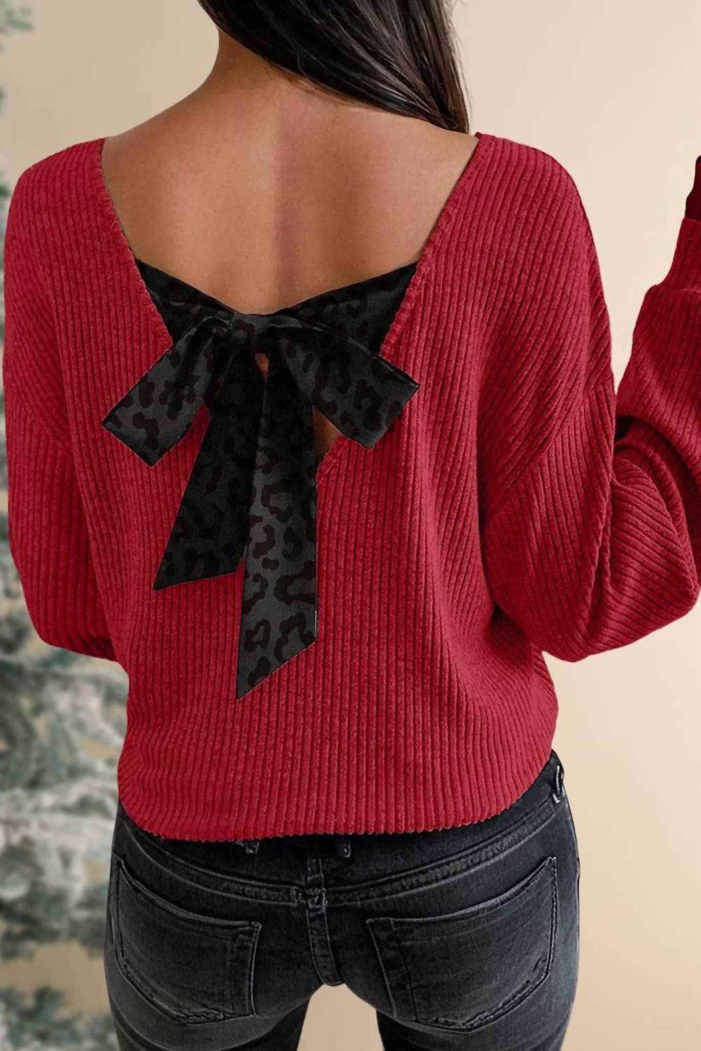 Aapparella - Leopard Back Bow V Neck Blouse