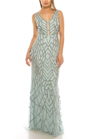 Adrianna Papell - Beaded Plunge Long Evening Dress