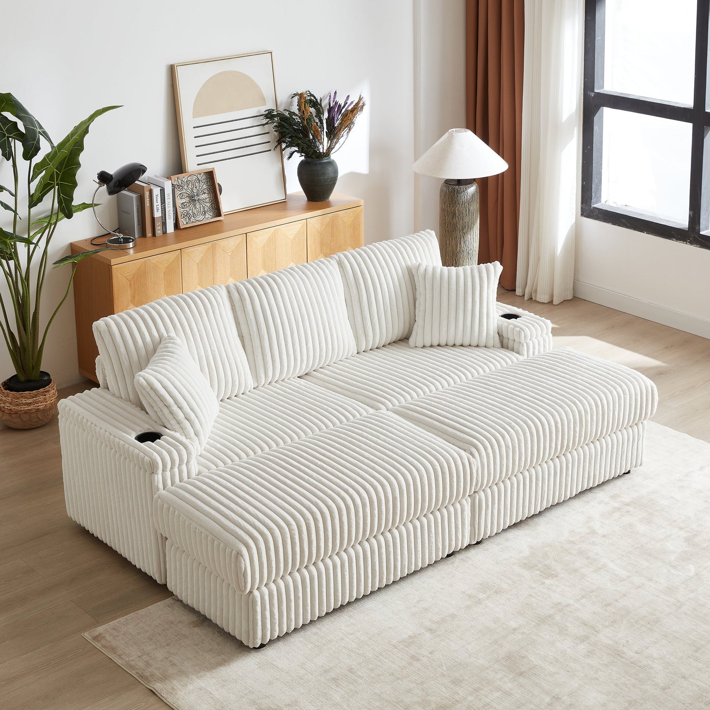 84-Inch Corduroy 3-Seater Sofa with Pillows and Ottomans