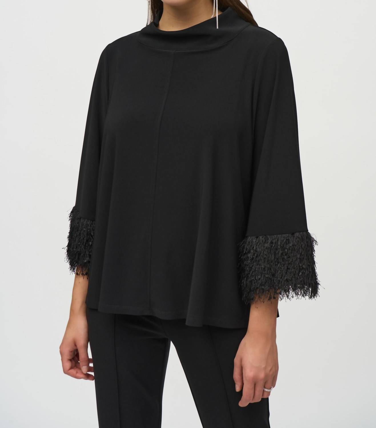 Joseph Ribkoff - Fringe Cuffs Mock Neck Boxy Top