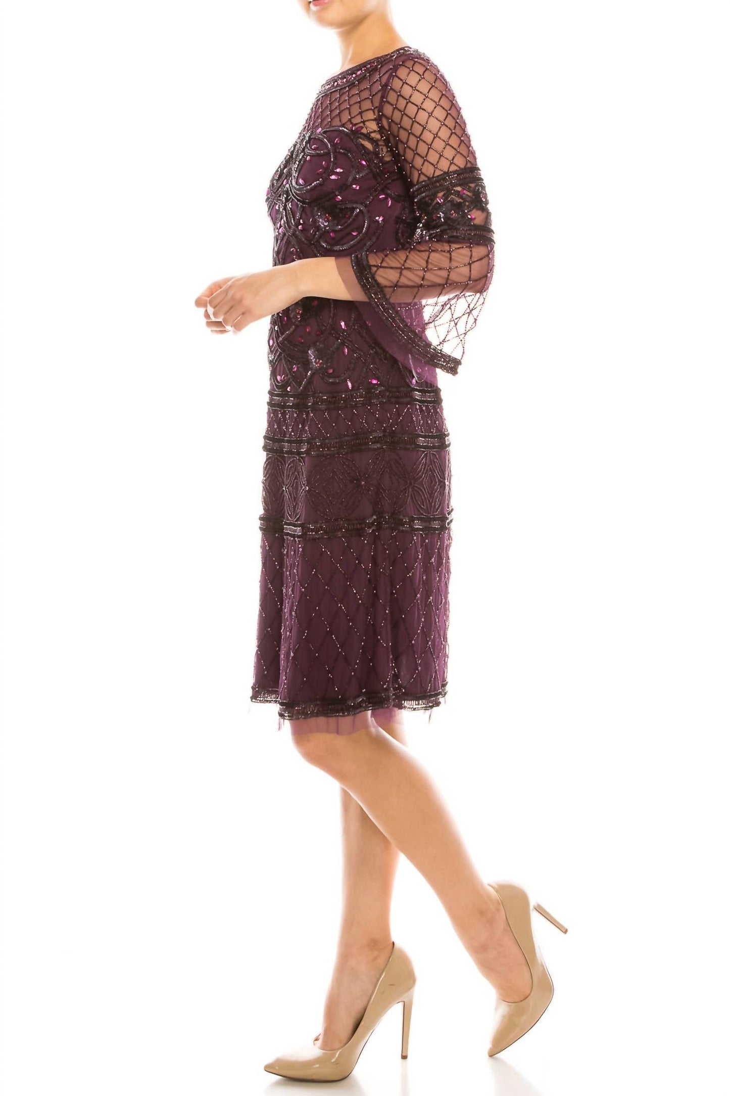Aidan Mattox - Embellished Three-quarter Sleeve Evening Dress