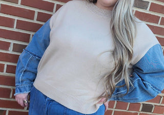 Anniewear - Denim Sleeve Contrast Distressed Sweater Top