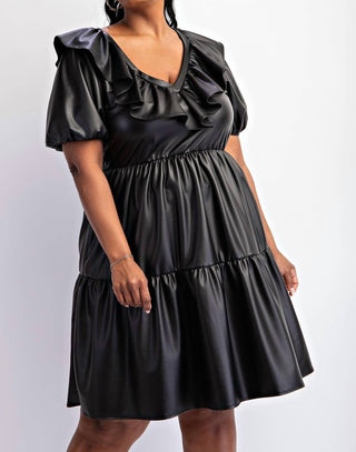 The Curve La - Plus Size Faux Leather Tiered Puff Sleeve Short Dress
