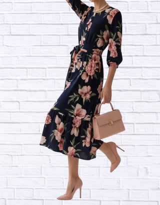 Diva Usa - Floral Midi Dress With Belt And Side Pockets