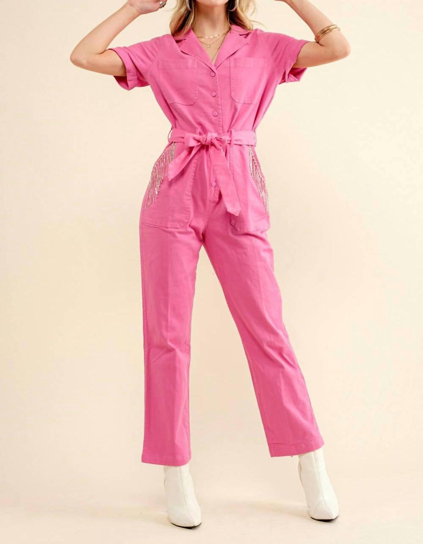 Blue B - Utility Twill Stretch Tie Front Rhinestone Jumpsuit