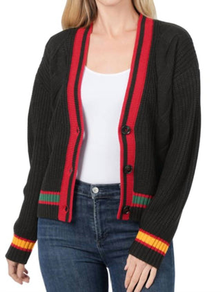 Zenana - Contrast Trim Cable Knit Cardigan