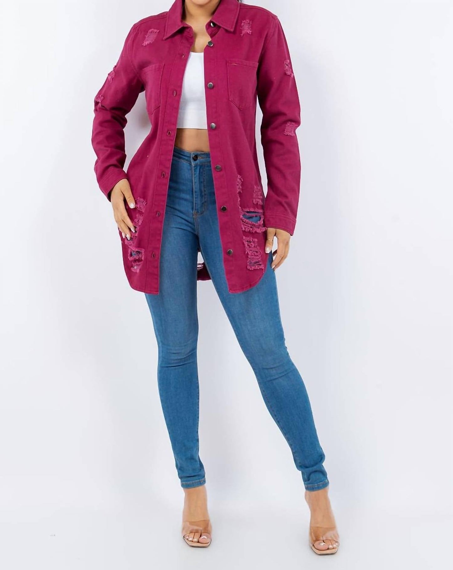 American Bazi - Distressed Button Up Long Sleeve Denim Jacket