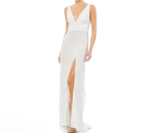 Mac Duggal - Faux Wrap V-neck Slit Jersey Gown