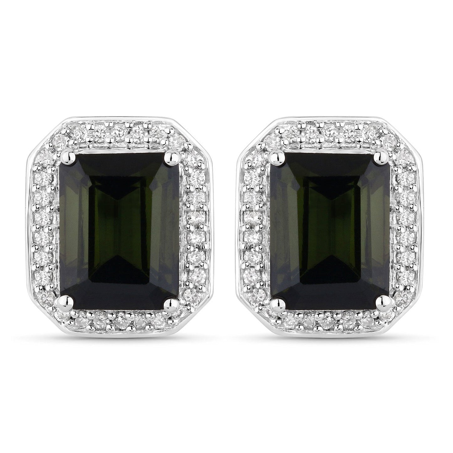 3.57 Carat Genuine Green Tourmaline and White Diamond 14K White Gold Earrings