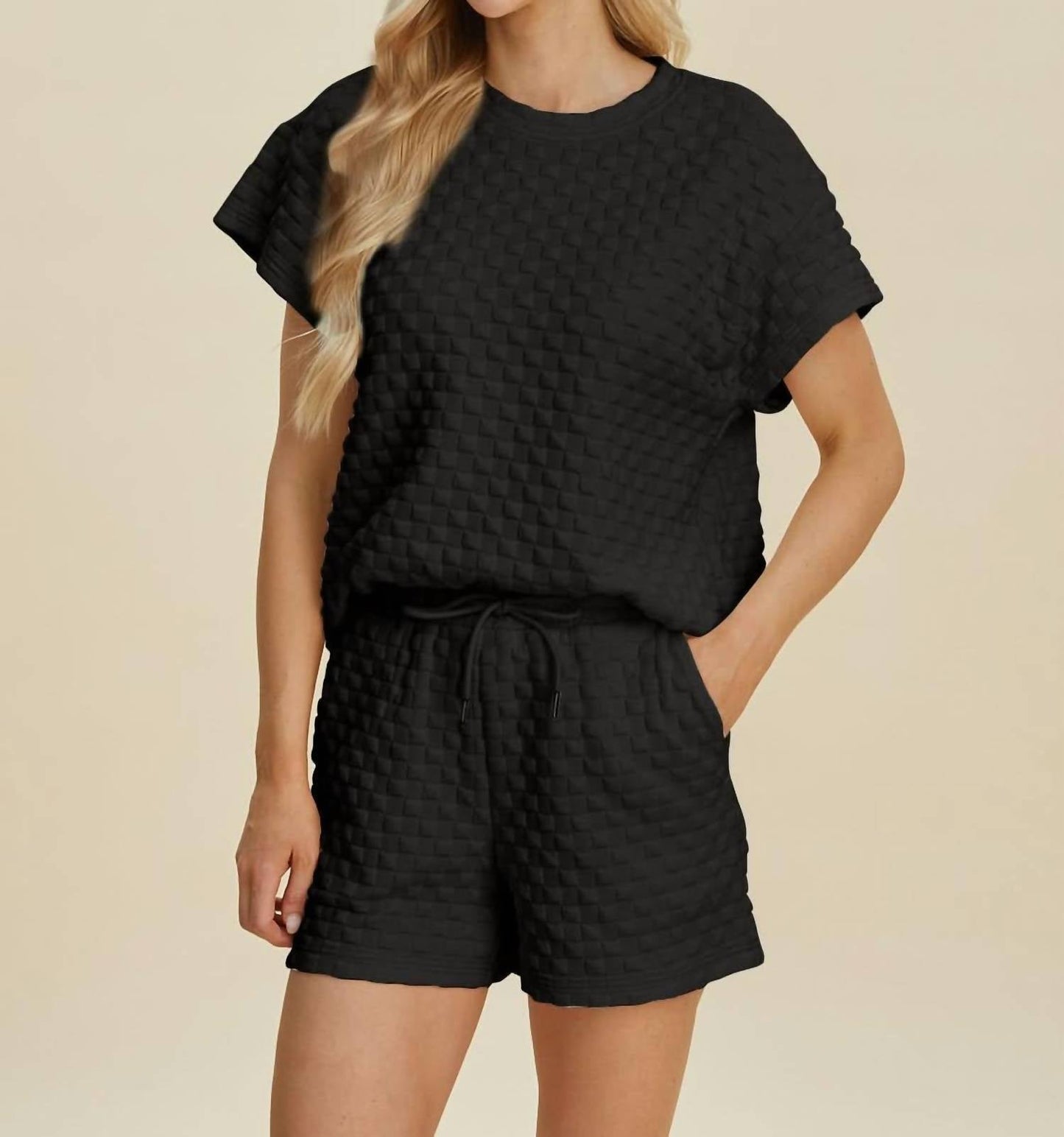 Double Take - Sleek Texture T-Shirt and Shorts Set