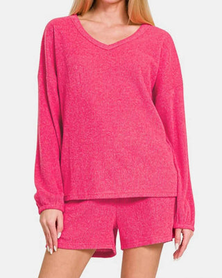 Zenana - V-neck Long Sleeve Ribbed Top And Shorts Set