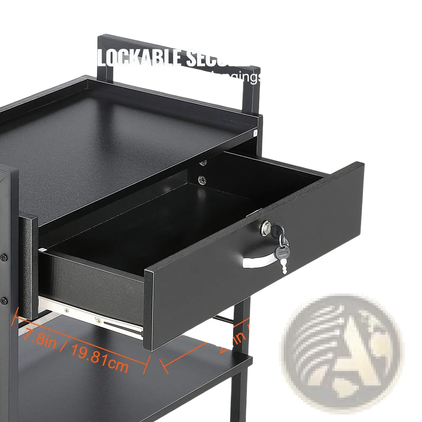 3 Tier Black Salon Trolley with Lockable Drawer and Wheels