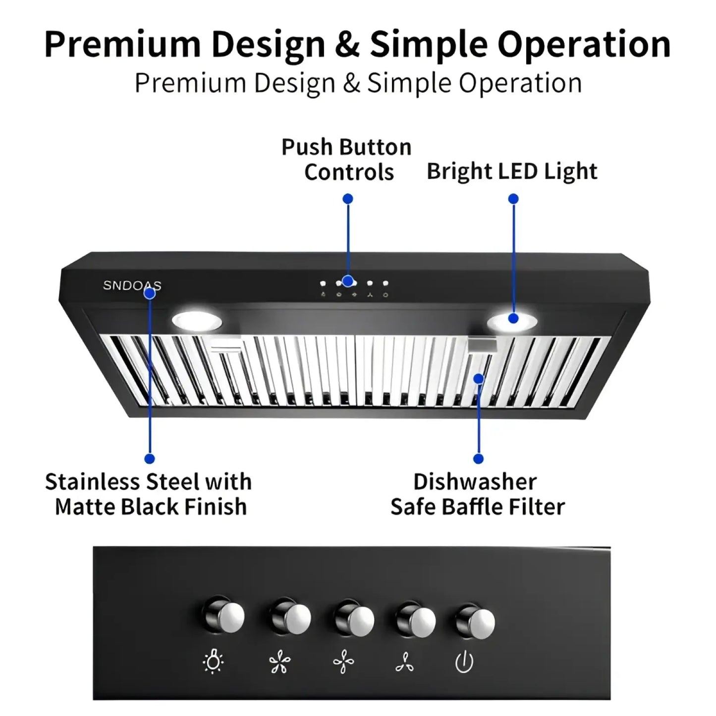 30 Inch Black Range Hood 600cfm Under Cabinet Vent Led