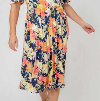 Leota Women's Zoe Floral Print Midi Dress Blue Size 2X