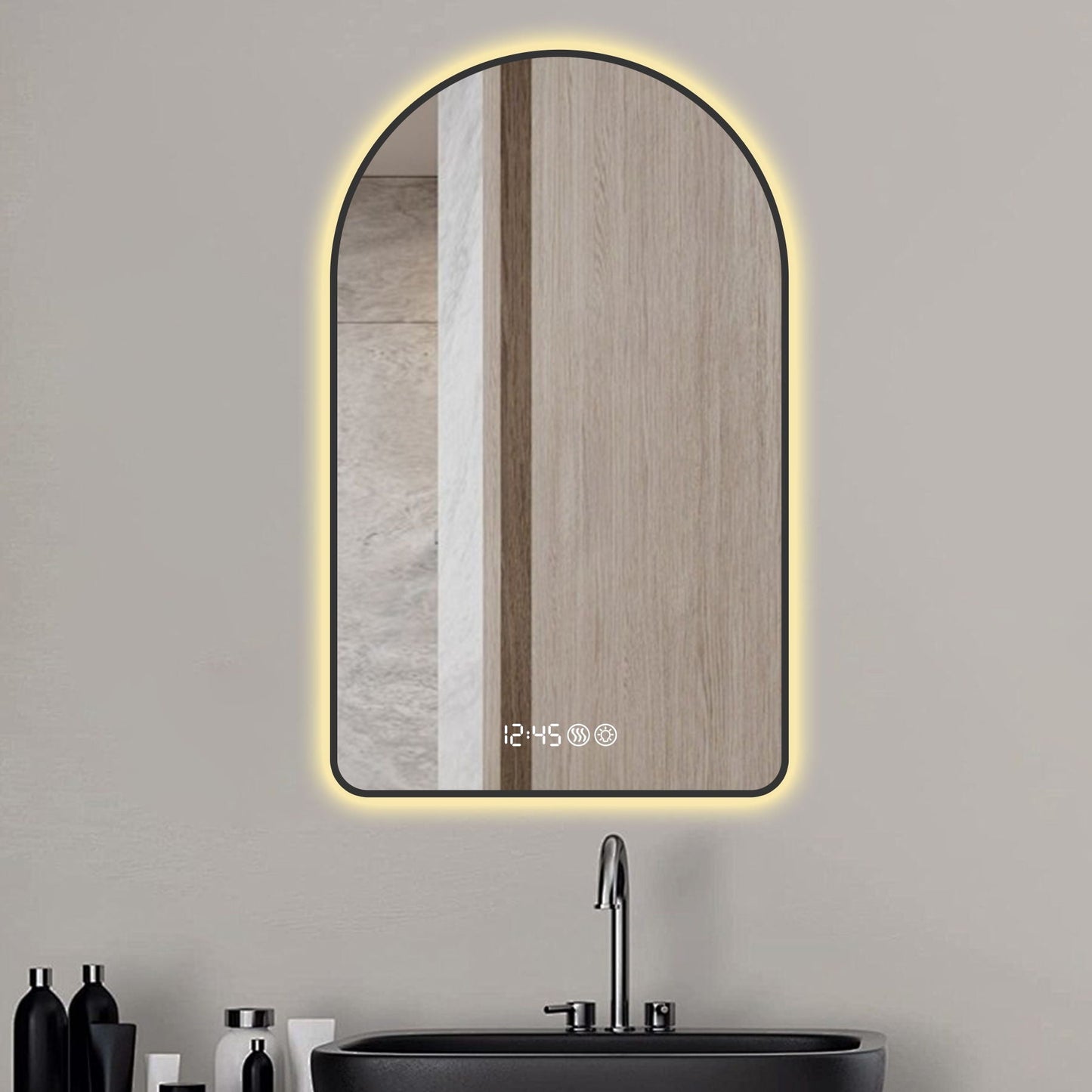 Arched LED Vanity Mirror With Time & Temperature Display
