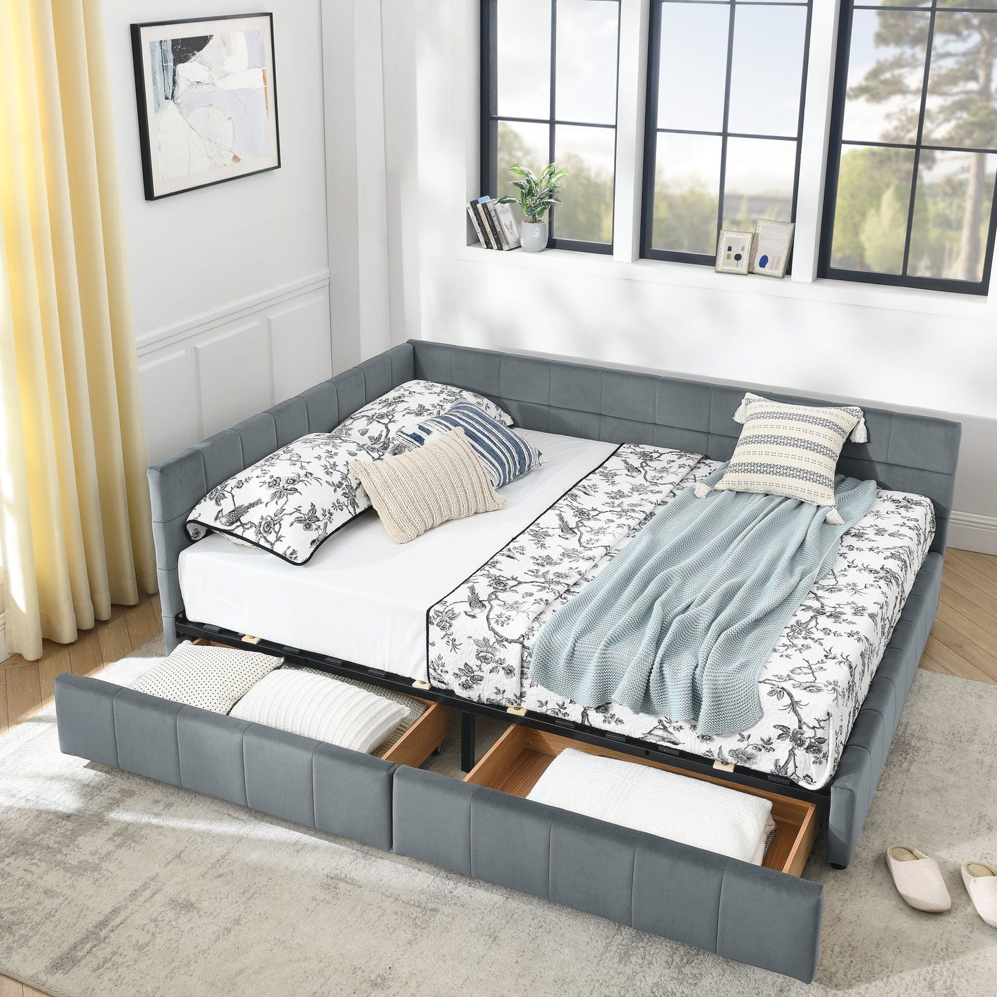 Mid-Century Storage Upholstered Tufted Bed Frame with Backrest and Armrests