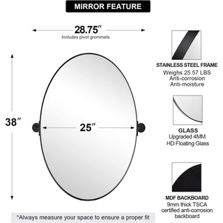 ANDY STAR Modern 25 x 38 Inch Oval Wall Hanging Bathroom Mirror, Matte Black