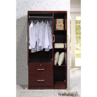 Hodedah Import 3 Door Armoire with Clothing Rod, Shelves, & 2 Drawers, Mahogany