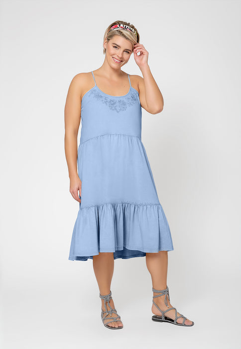 Leota Women's Esmeralda Embroidered Tiered Hem Cotton Chambray Sundress Blue Size 3X