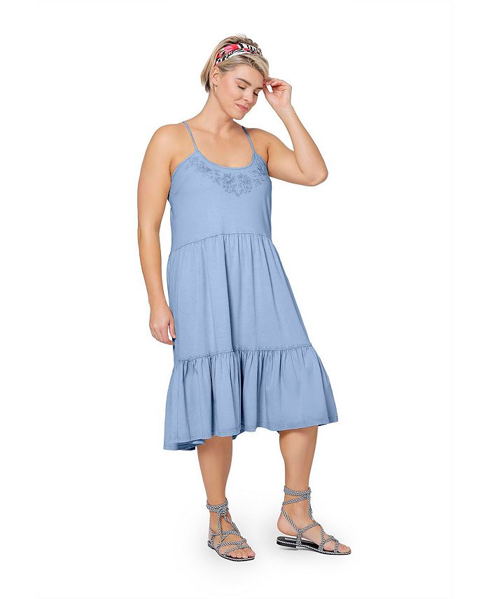 Leota Women's Esmeralda Embroidered Tiered Hem Cotton Chambray Sundress Blue Size 2X