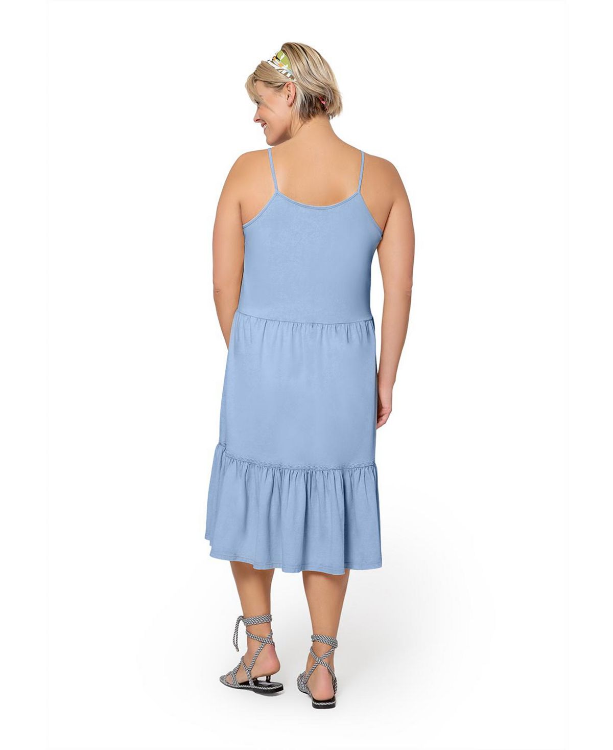 Leota Women's Esmeralda Embroidered Tiered Hem Cotton Chambray Sundress Blue Size 2X