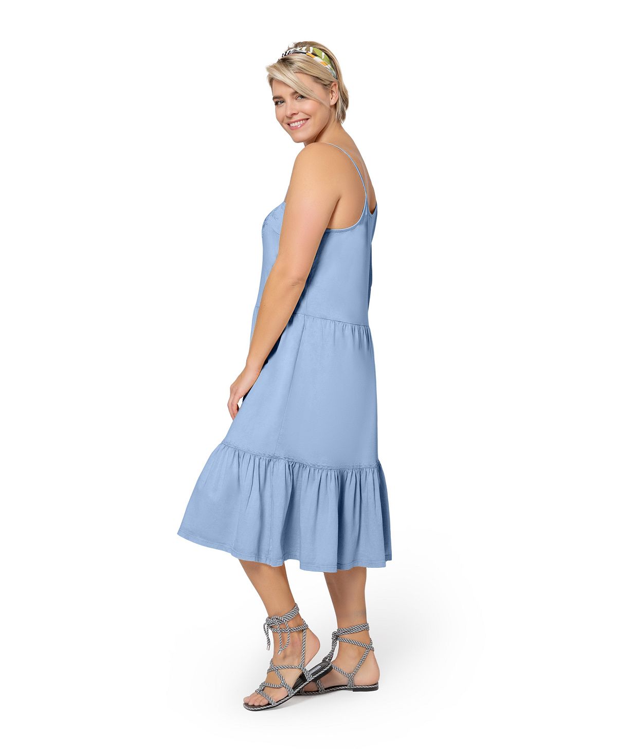 Leota Women's Esmeralda Embroidered Tiered Hem Cotton Chambray Sundress Blue Size 2X