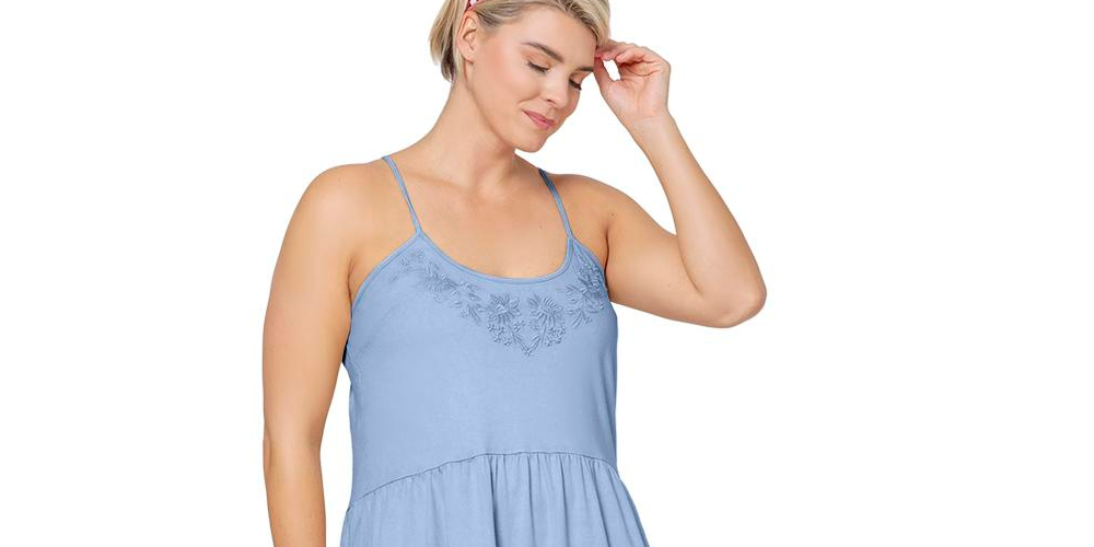 Leota Women's Esmeralda Embroidered Tiered Hem Cotton Chambray Sundress Blue Size 3X