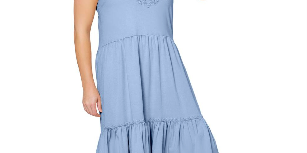 Leota Women's Esmeralda Embroidered Tiered Hem Cotton Chambray Sundress Blue Size 3X