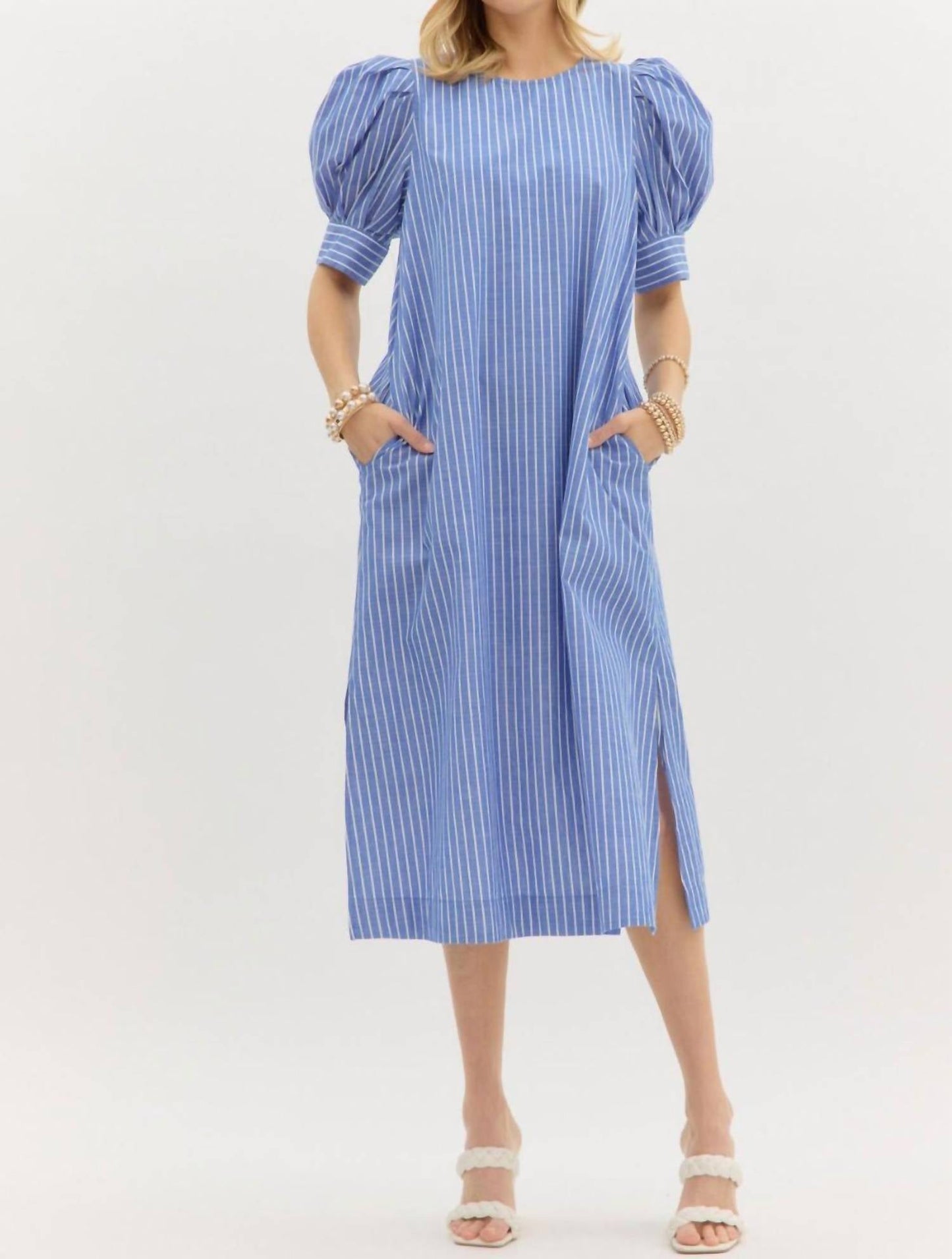 Entro - Pleated Cuff Band Striped Mini Dress