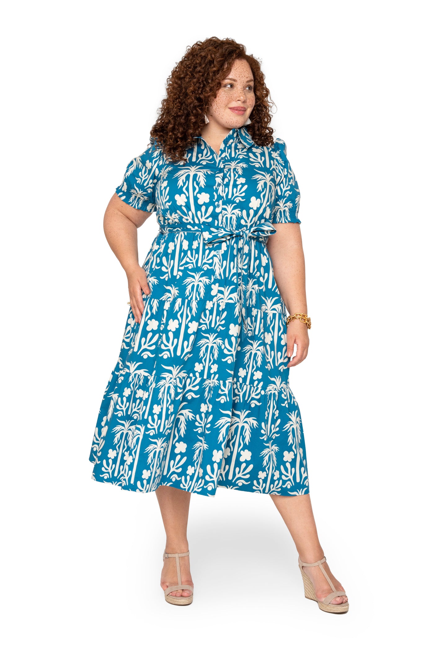 Octavia Puff Sleeve Shirt Dress Palm Fields Mykonos Blue