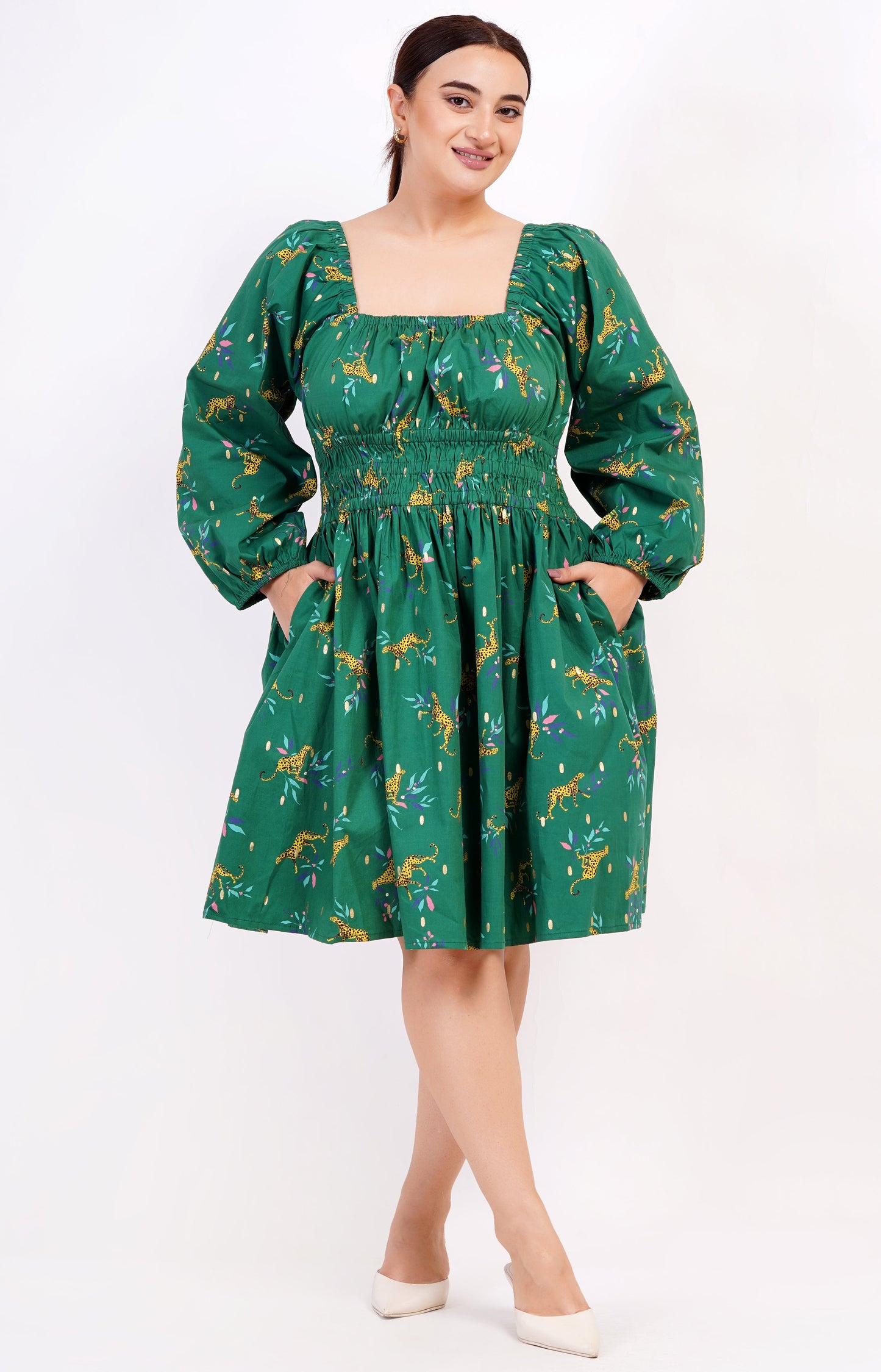 Genevieve Square Neck Mini Dress Lucky Cheetah Verdant Green