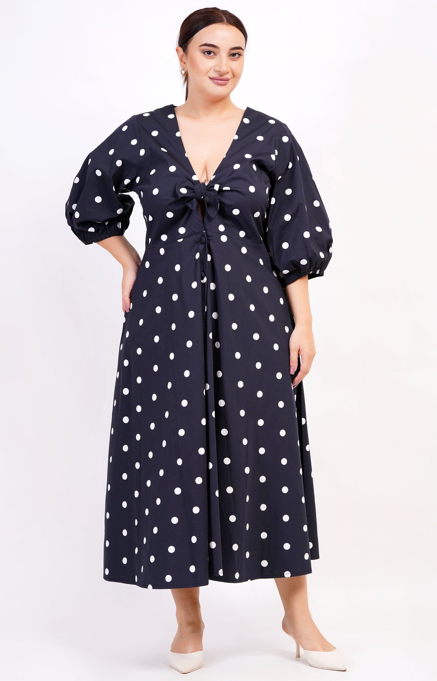 Adriana TieFront Midi Dress Small Polka Black White