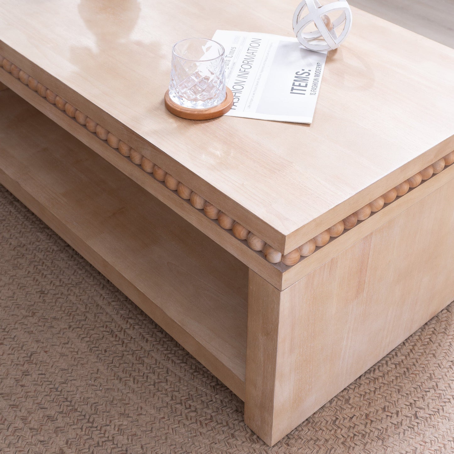 Modern Wood Coffee Table with Beaded Trim – 47" Rectangular