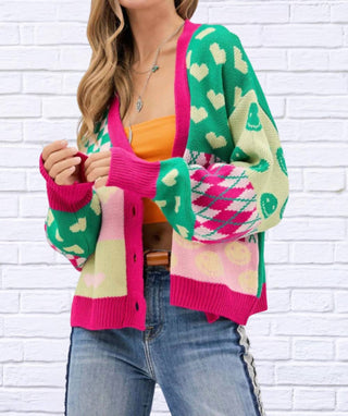 Davi & Dani - V-neck Drop Shoulder Pattern Sweater