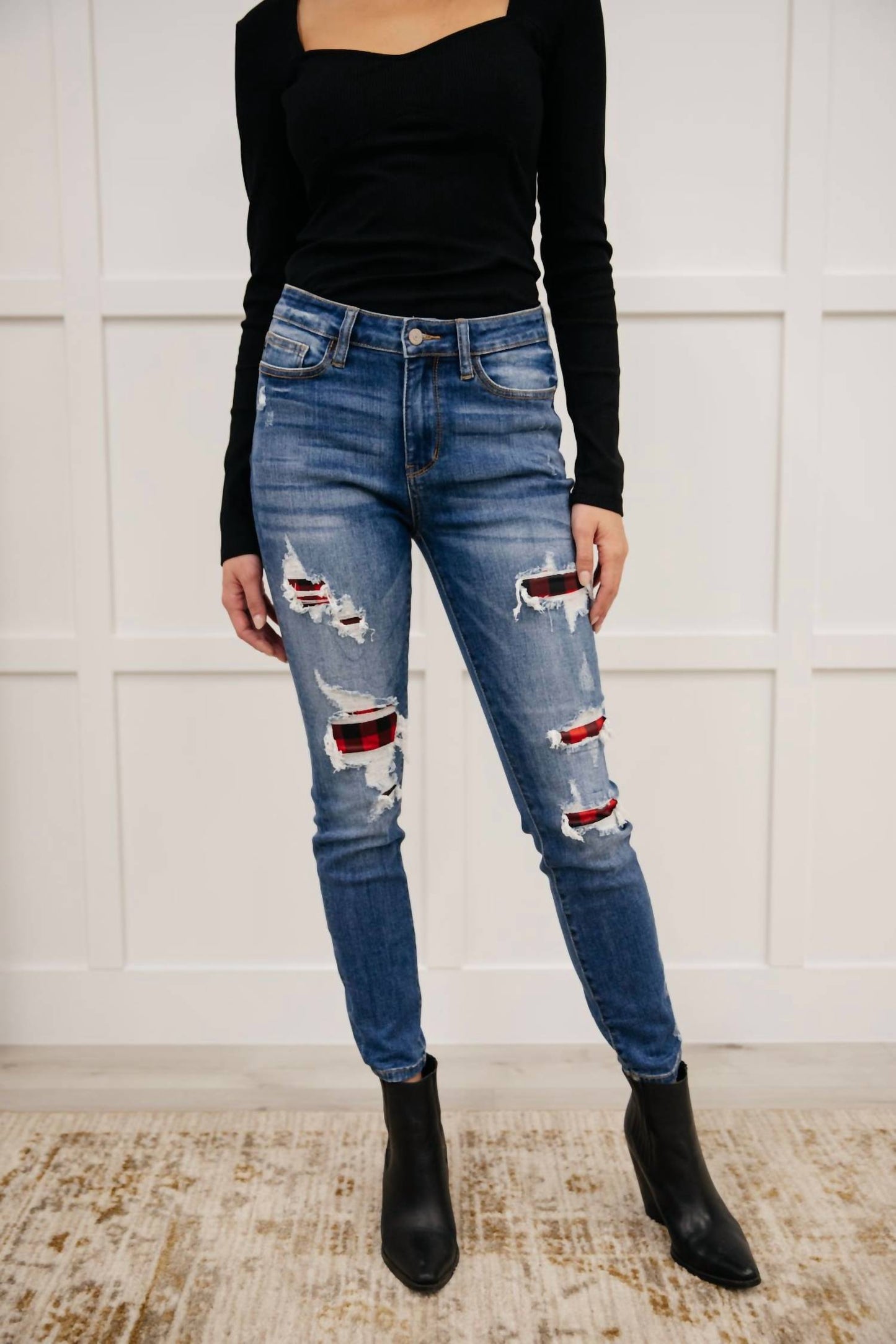 Judy Blue - Buffalo Plaid Peek-A-Boo Skinny Jeans