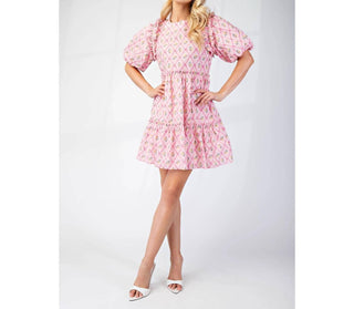 Bns - Printed Puff Sleeves Mini Ruffle Dress