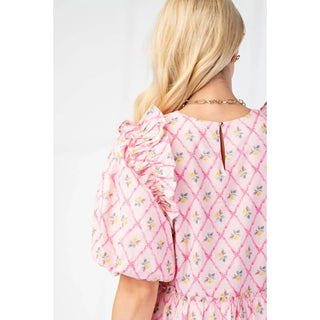 Bns - Printed Puff Sleeves Mini Ruffle Dress